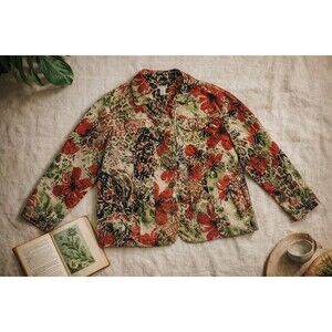 Bechamel Woman 1X Cotton Linen Button Front Jacket Floral Print Lined